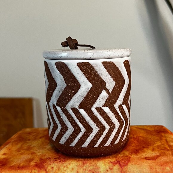 Other - Handmade White &Terra Cotta Textured Zig Zag Pottery Canister with Lid